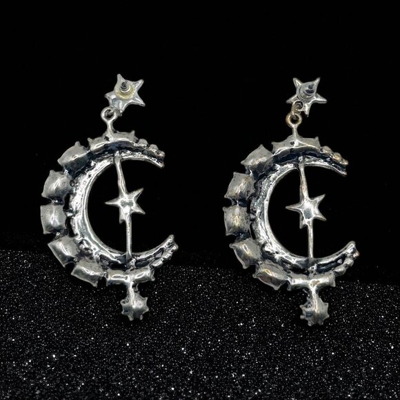 Celestial Moon & Star Dangle Earrings Rhinestone Silver-Tone Statement Jewelry - Picture 7 of 7